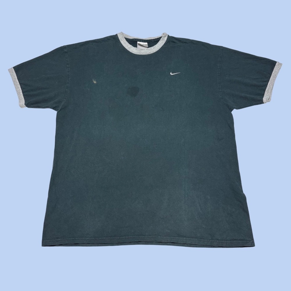 Vintage Nike Ringer T-Shirt Mens XL Dark Green Grey Made in USA Embroidered Logo